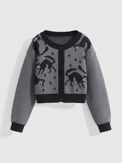 Goth Women's Casual Halloween Cat & Star Jacquard Contrast Color Round Neck Dropped Shoulder Long Sleeve Cardigan Sweater