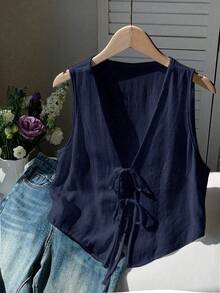 Comfortcana 大码女式纯色前系带宽松休闲背心衬衫 - 藏蓝色 - 查看 1