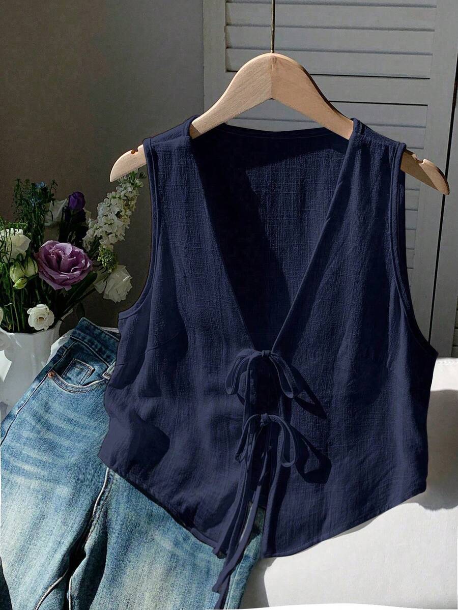 Comfortcana 大码女式纯色前系带宽松休闲背心衬衫 - 藏蓝色 - 查看 1