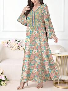 Al Najma 女式花卉植物印花 V 领长袖优雅阿拉伯风格长裙，春秋季 - 彩色 - 查看 3