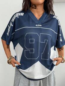 Coolane Women's  All-Season Y2K Streetwear Vintage Breathable Mesh Graphics Number Pattern Football T-Shirt - Navy Blue - View 5