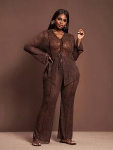Veslaya Party Exclusive 2025 New Women's Plus Size Sexy/Party/Club/Nightclub Lace Sheer Bodycon Brown Khaki Lapel Tie-Up Flare Sleeve Cardigan With Elastic Waist Wide Leg Long Pants 2-Piece Set CaramelCore Brown Two Piece Set Women Blouse And Pants Set Elegant 2 Piece Set Pant Suit Set - Coffee Brown - View 4