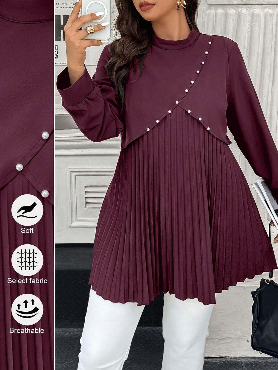 Calvaya Plus Size Elegant Commuter Shirt With Pearl Decor And Pleated Design - Maroon - View 1