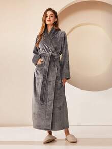 1pc Women's Woolen Bathrobe, Ultra-Soft And Comfortable, Lightweight Side Pocket, Made Of Microfiber Summer Wedding Home Bathroom Decor Back To School - 深灰色 - 查看 8