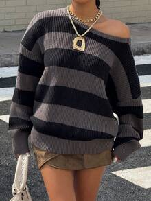 Muchica Women's Loose Fit Drop Shoulder Long Sleeve Striped Casual Sweater, Fall & Winter,Ladies Late Fall Casual Long Sleeve Loose Multicolor Drop Shoulder Pullovers Women Sweaters,Long Sleeve Tops,Off The Shoulder Sweater - Multicolor - View 5