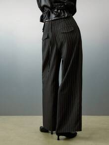 女士条纹蕾丝系带裤，秋冬商务休闲装 - 深灰色 - 查看 2