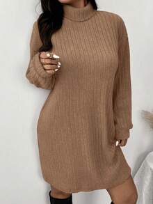SHEIN Frenchy Vestido de cuello alto acanalado con textura suave, de estilo minimalista y casual, talla grande, adecuado para el tiempo libre y el hogar, otoño/invierno - Caqui - Ver 7