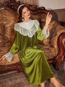 PalaceNights Women's Velvet Luxury Embroidered Floral Lace Trim Loose Long Sleeve Nightgown, Winter, Moo Moo Night Dress - Green - View 6