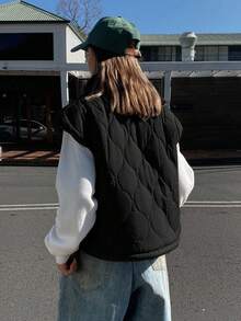 DAZY 2-In-1 Patchwork Faux Fur Lining Padded Vest, Short Style Women Padded Coat - Black - View 2