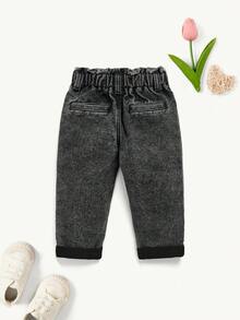 SHEIN Jeansy dla niemowląt/dziewcząt w jednolitym kolorze, z elastyczną talią - Ciemnoszary - Zobacz 2