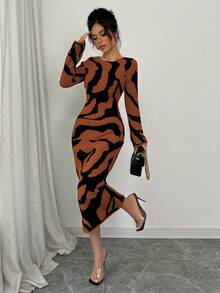 Elenzga Vestido de punto con mangas acampanadas y estampado de colores contrastantes para mujer - Marrón Chocolate - Ver 4