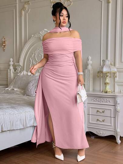 Roveilla Vestido elegante con hombros descubiertos, abertura y ajustado para mujer de talla grande, adecuado para fiestas, ocasiones formales y dama de honor. Vestido elegante de talla grande para mujer con hombros descubiertos y curvas