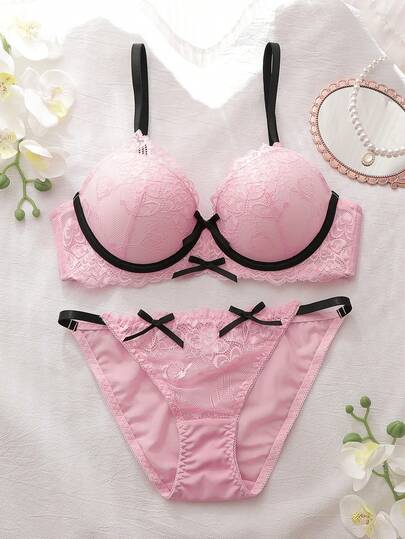 DelicateAllure 2 piezas Conjunto de sujetador balconette romántico y lindo con aros, taza 3/4 acolchada, estampado de encaje y parches de color contrastante con moño