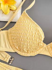 Swim Mod Solid Color Bikini Set With Underwire, Shirred, Soft Cup, Suitable For Beach Vacation For Summer - Yellow - View 4