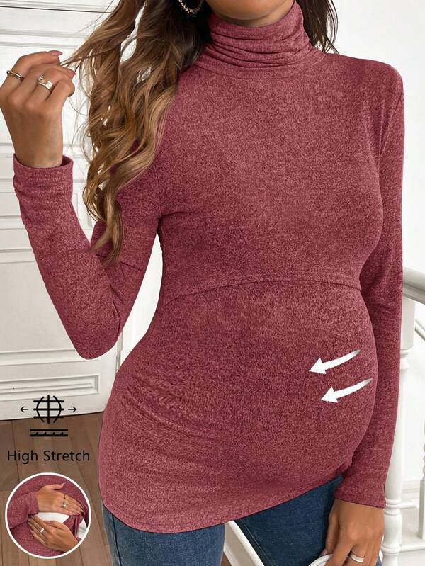 SHEIN Maternity Casual Solid Color Turtleneck Nursing Top, Autumn/Winter