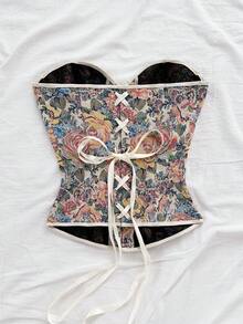 Soleia Áo crop top in hoa jacquard nhiều màu phong cách cung điện cổ điển dành cho nữ, có nút và dây buộc phía sau - Nhiều màu - Xem 2