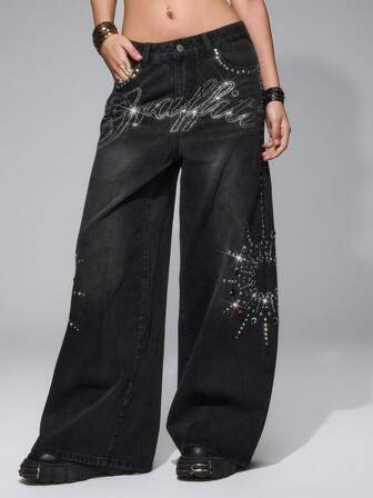 Grunge Punk Jeans à jambes larges polyvalents et décontractés avec décoration de strass