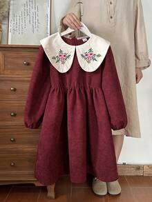 SHEIN Vintaside Kids Girls Embroidered Collar Long Sleeve Dress, Puff Sleeve Waist Cinched Princess Dress, Fashionable & Versatile For Daily Wear, Spring/Autumn - Red - View 1