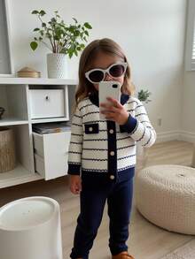 SHEIN Vintaside Kids 2pcs Baby Girls Striped Pattern Round Neck Button Front Long Sleeve Top And Solid Color Pants Sweater Set - Royal Blue - View 4