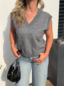 Jeta Ari Maglia smanicata donna in maglia larga con scollo a V, autunno e inverno, abbigliamento back to school - Grigio Scuro - Visualizzare 3