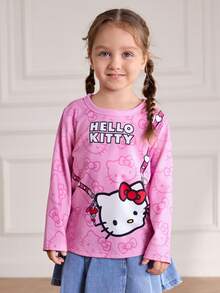 HELLO KITTY AND FRIENDS | SHEIN Young Girl Cartoon Kitty Cat Print Knit Loose Crew Neck Raglan Sleeve Pink Long Sleeve T-Shirt Cute Long Sleeve Shirts Girls