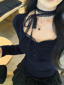 DAZY 女士优雅系带长袖 T 恤，春/秋 - 藏蓝色 - 查看 1