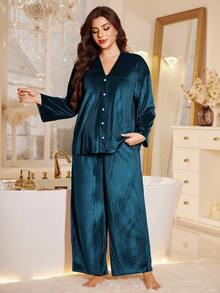 MuseNap CURVE LuxeNights 天鹅绒落肩长袖上衣和宽松休闲裤加大码睡衣套装纽扣睡衣套装蓝绿色睡衣套装，冬季服装 - 水鴨藍 - 查看 5