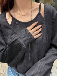 FRIFUL Áo nỉ chui đầu dài tay vải dệt rỗng màu trơn đơn giản dành cho nữ, đa năng cho mùa thu/đông - Xám - Xem 1