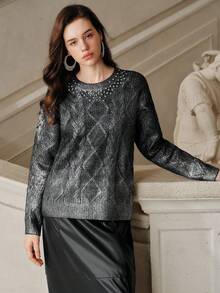 Anewsta Savoree Élégant pull tricoté à col rond orné de strass pour femmes, convient pour l'automne, l'hiver, le printemps, le Nouvel An, les fêtes, les mariages - Noir - Voir 5
