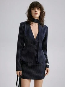 Airlisse Women's Striped Long Sleeve Top And Skirt Set, Casual Commuter Suit, Business Casual