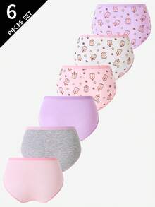 6pcs Young Girl Cute Cheeky Cartoon Print Cotton Briefs, Suitable For All Seasons