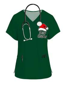 PopScrub 圣诞元素格子卡通印花V领短袖口袋护士服套装女士 - 彩色 - 查看 3