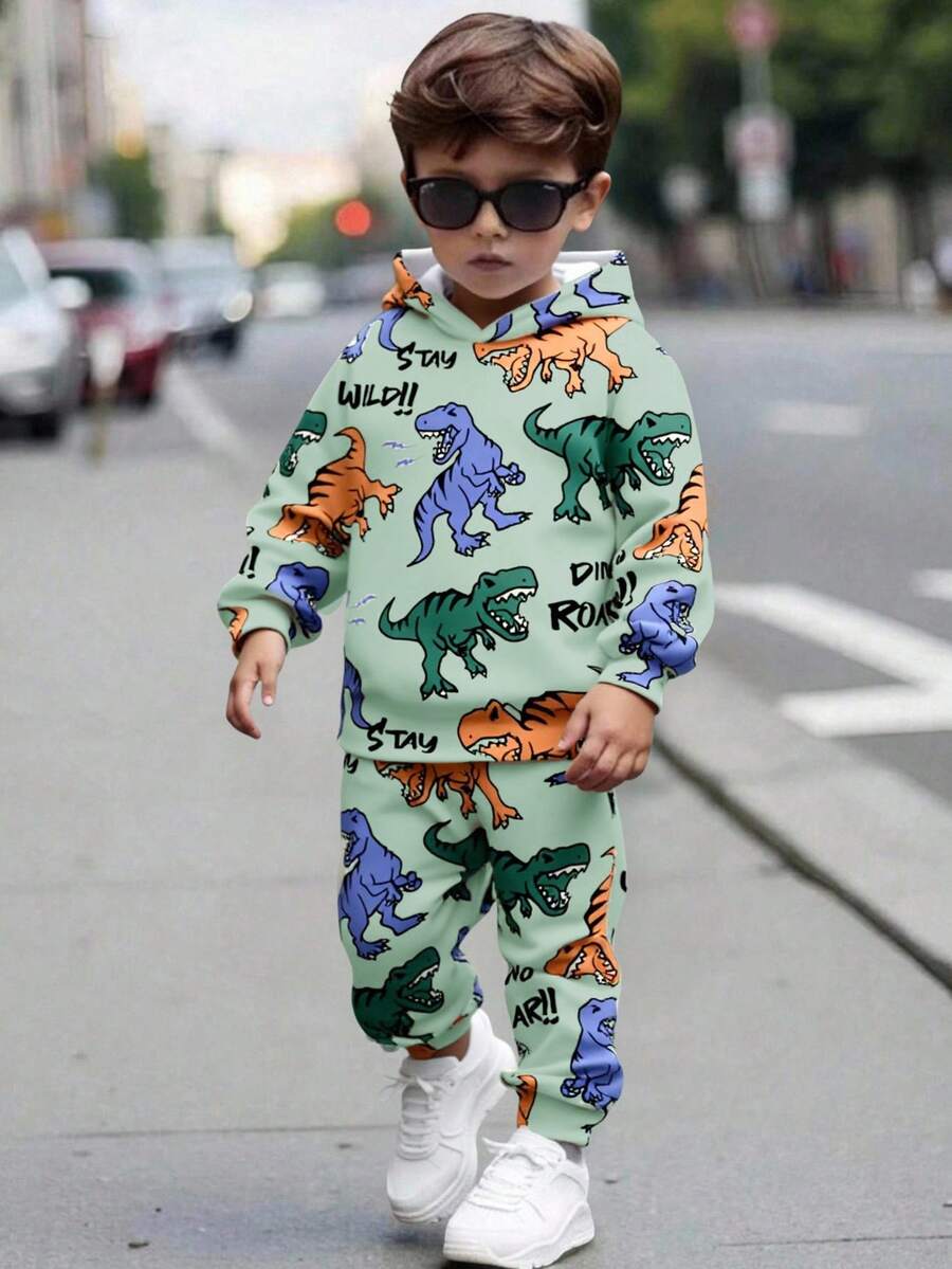 2 件套男童休闲宽松恐龙印花连帽衫和裤子套装，适合秋冬季 - 彩色 - 查看 1