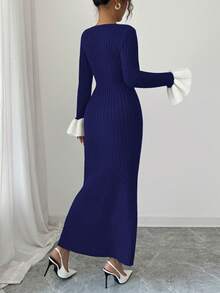 Elenzga Vestido de punto midi con cuello en V y volantes elegante, adecuado para ir al trabajo - Azul Marino - Ver 2