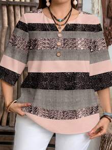EMERY ROSE Plus Size Casual Striped Print Shirt, Suitable For Spring/Autumn Party,Flower/Summer/Vacation - Multicolor - View 6