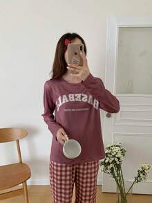 少女休闲字母格子印花柔软舒适两件套家居服套装，长袖睡衣，青少年长袖睡衣套装，女士睡衣套装，格子睡裤 - 咖啡棕 - 查看 5