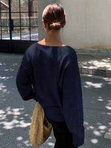 DAZY 女式纯色宽松V领长袖毛衣 - 藏蓝色 - 查看 2