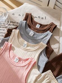 8 件套少女罗纹针织圆领吊带背心和短裤套装，休闲分层内衣，有灰色、棕色、米色、粉色可选，秋冬