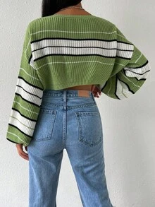 SHEIN Unity Sweater Pullover Wanita Kasual Sehari-hari dengan Motif Garis-Garis Blok Warna, Bahu Jatuh, Lengan Lentera Longgar, Model Crop, Musim Gugur/Dingin - Hijau - View 2