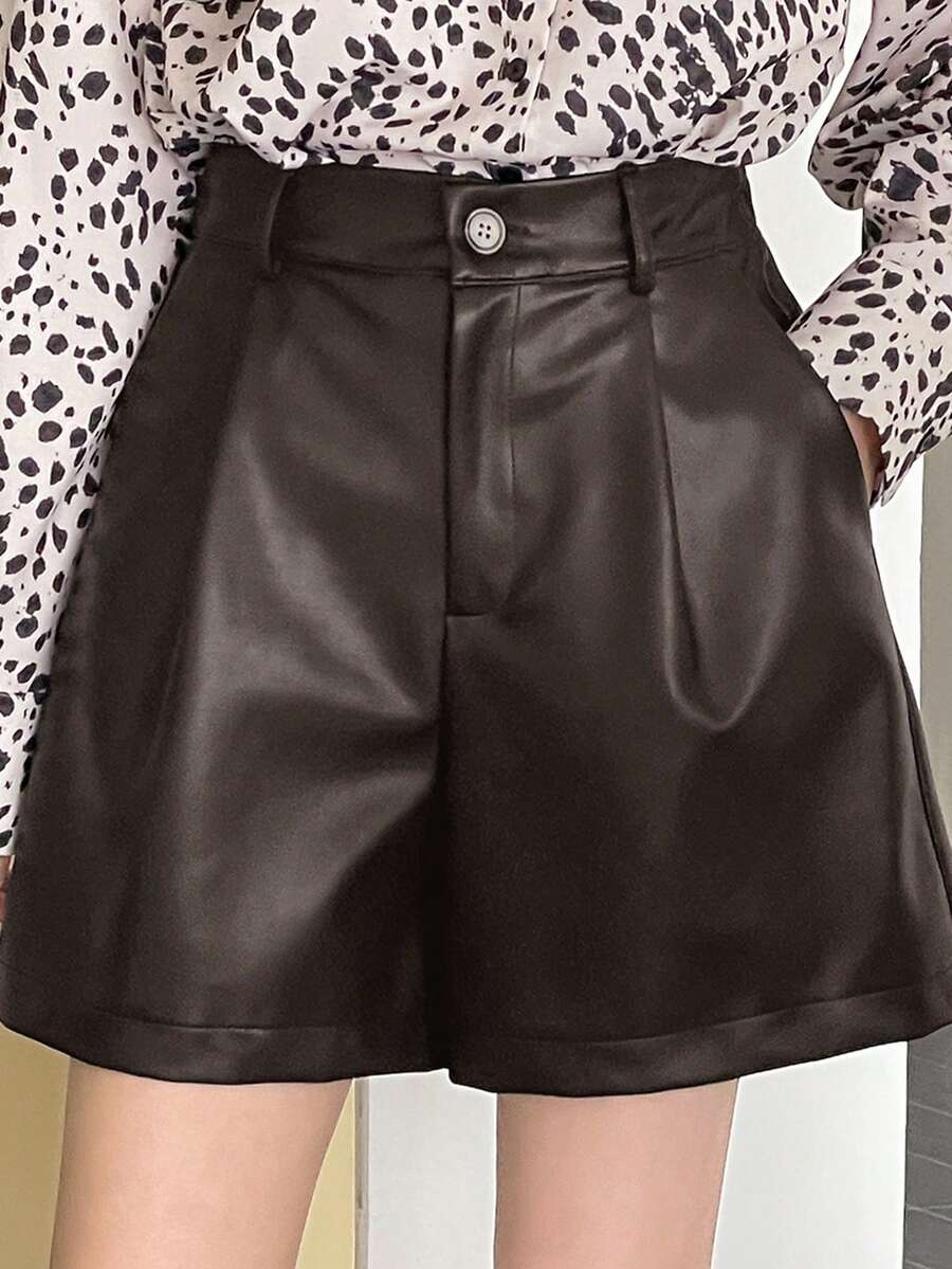 DAZY Casual Brown Wide Leg Faux Leather Shorts For Women With Pockets