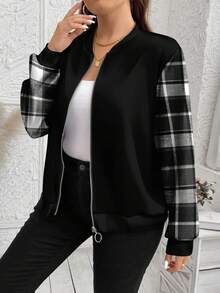 SHEIN Essnce Chaqueta de béisbol con cremallera, estilo universitario casual, de talla grande, con estampado de cuadros de retazos, adecuada para otoño/invierno - Multicolor - Ver 5