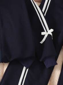 SHEIN 2pcs Young Girl Knitted Solid Color Casual Jacket And Long Pants Set - Royal Blue - View 7