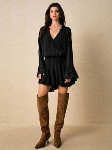 Poéselle Women's Elegant Solid Color Bell Sleeve Short Dress, Autumn Black Dresses For Women Black Long Sleeve Dress Black Western Dress Black Mini Dresses Women Mini Dresses - Black - View 2