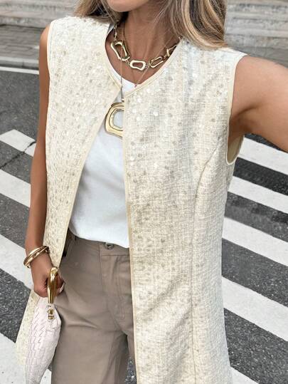 EMERY ROSE Women's Autumn/Winter Beaded Tweed Sleeveless Jacket, Waist Cinched, Elegant