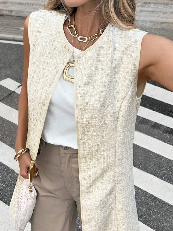 EMERY ROSE 女式秋冬串珠粗花呢无袖夹克，收腰，优雅