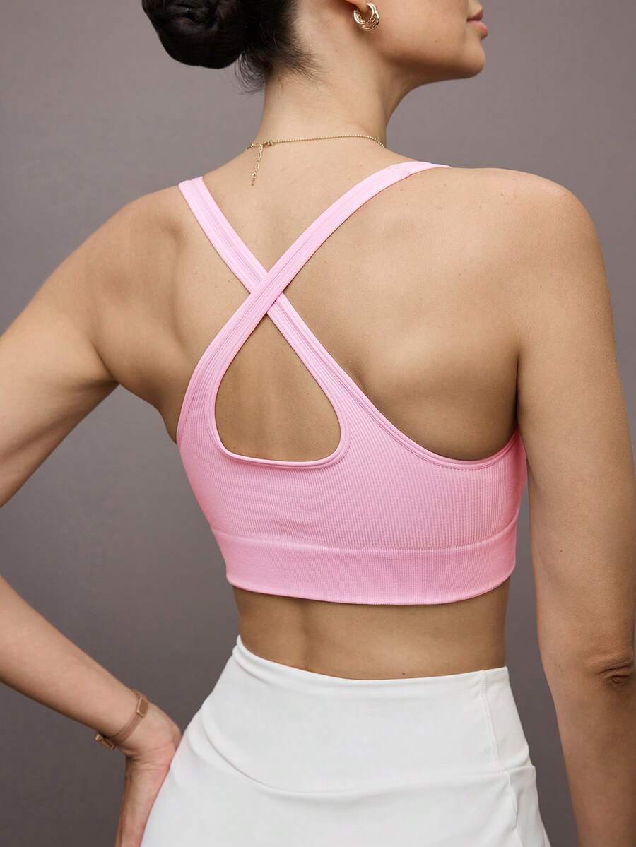 Activina 交叉 挖空 羅紋針織純色運動內衣 - 粉色 - 查看 1