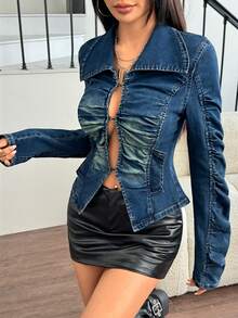 Rivivi Women's Fitted Long Sleeve Y2K Retro Denim Top - Dark Wash - View 1