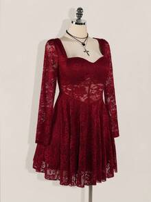 SHEIN ICON 大码女式甜心领蕾丝拼接长袖优雅连衣裙 - 紅色 - 查看 7