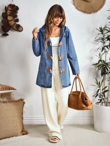 EMERY ROSE Women's Casual Hooded Denim Jacket With Horn Buttons,Christmas,  Christmas Women's Clothing ,Christmas Clothes - Blue - View 6