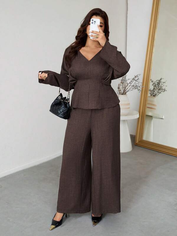 Firerie Plus Size Women V-Neck Batwing Sleeve Shirt And Wide Leg Pants Casual 2 Pieces Set Elegant